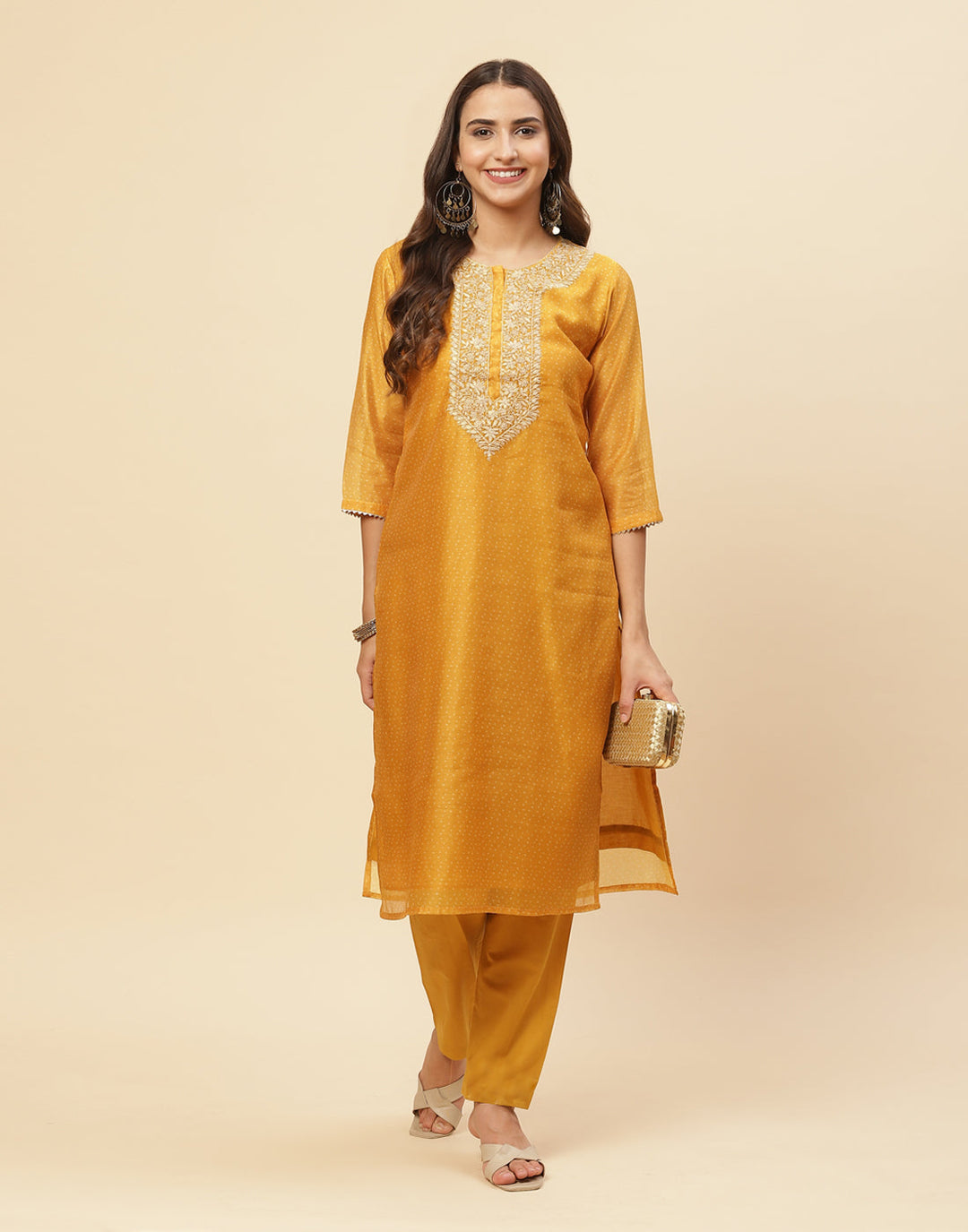 Neck Embroidered Chanderi Kurti With Pant