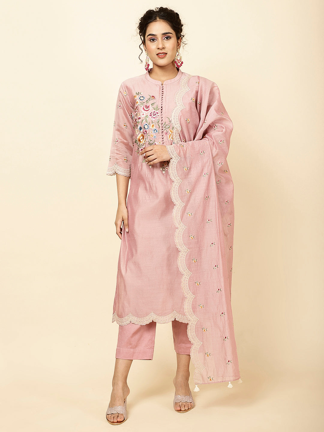 Floral Embroidered Chanderi Kurta With Pants &amp; Dupatta