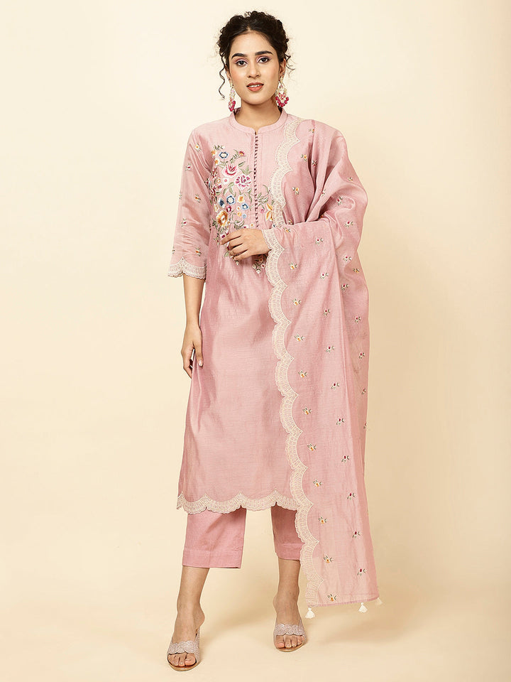 Floral Embroidered Chanderi Kurta With Pants &amp; Dupatta