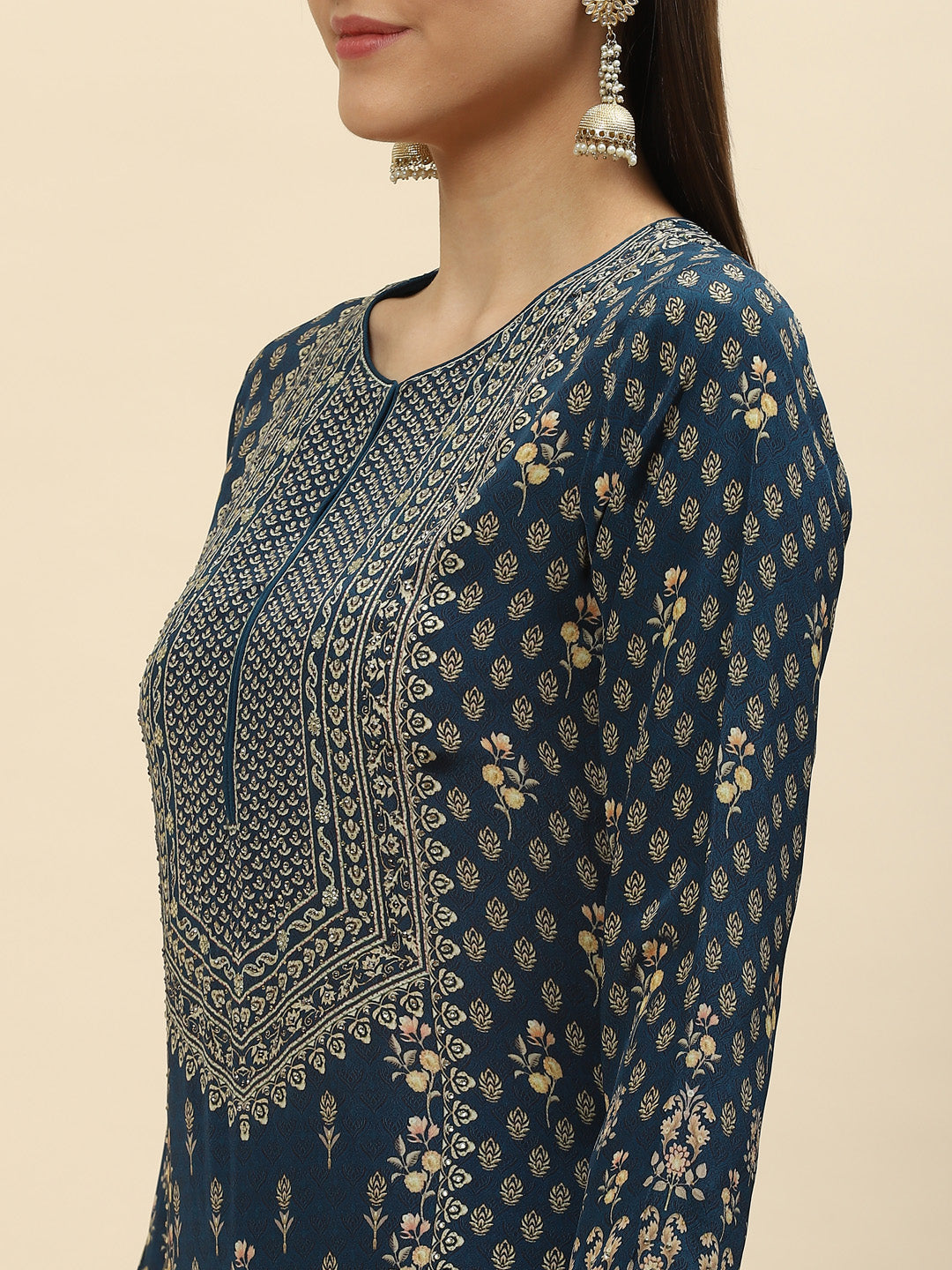 Floral Digital Printed Crepe Kurta With Palazzo &amp; Net Dupatta