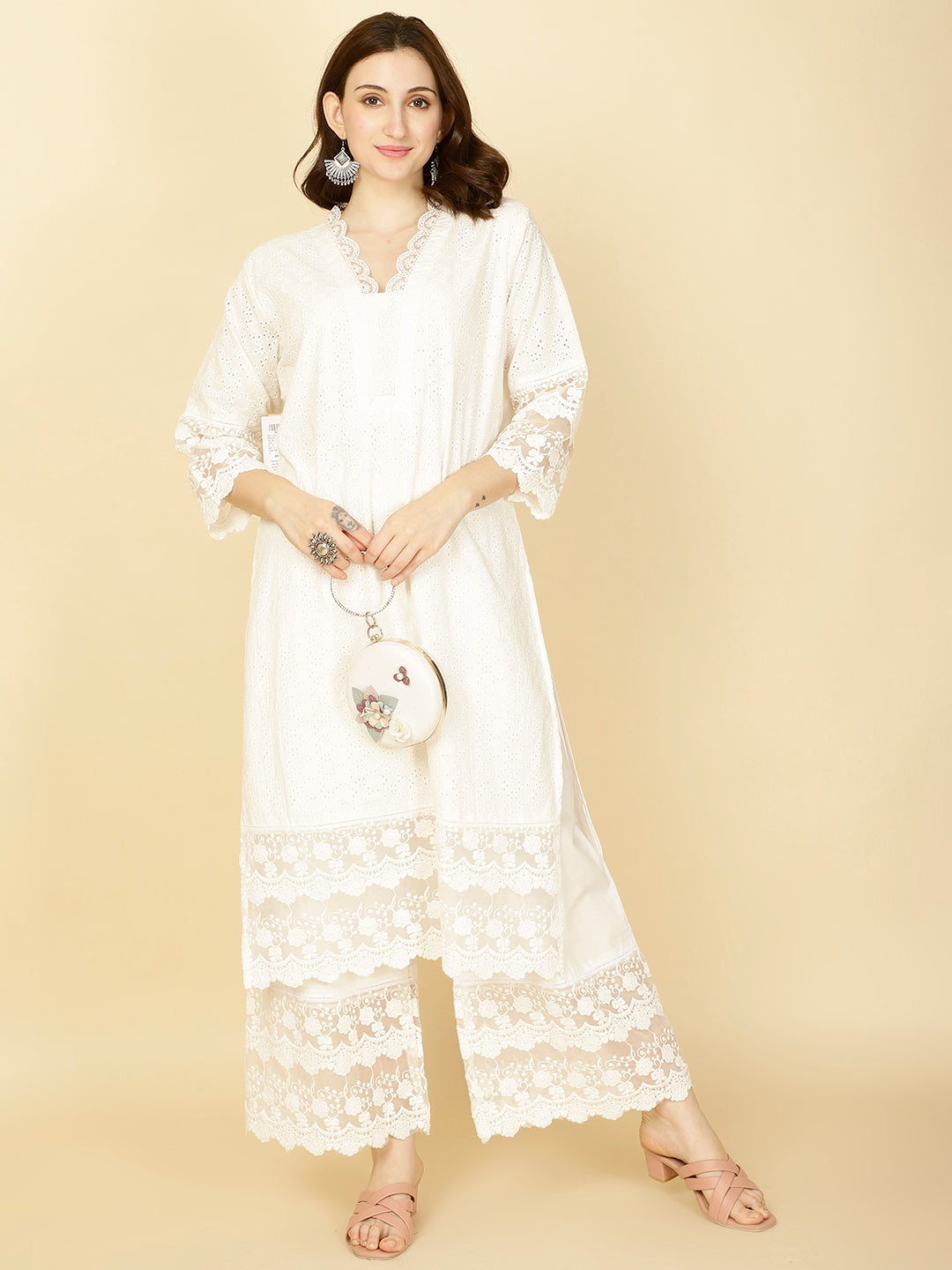 Thread Embroidery Cotton Kurta With Pants