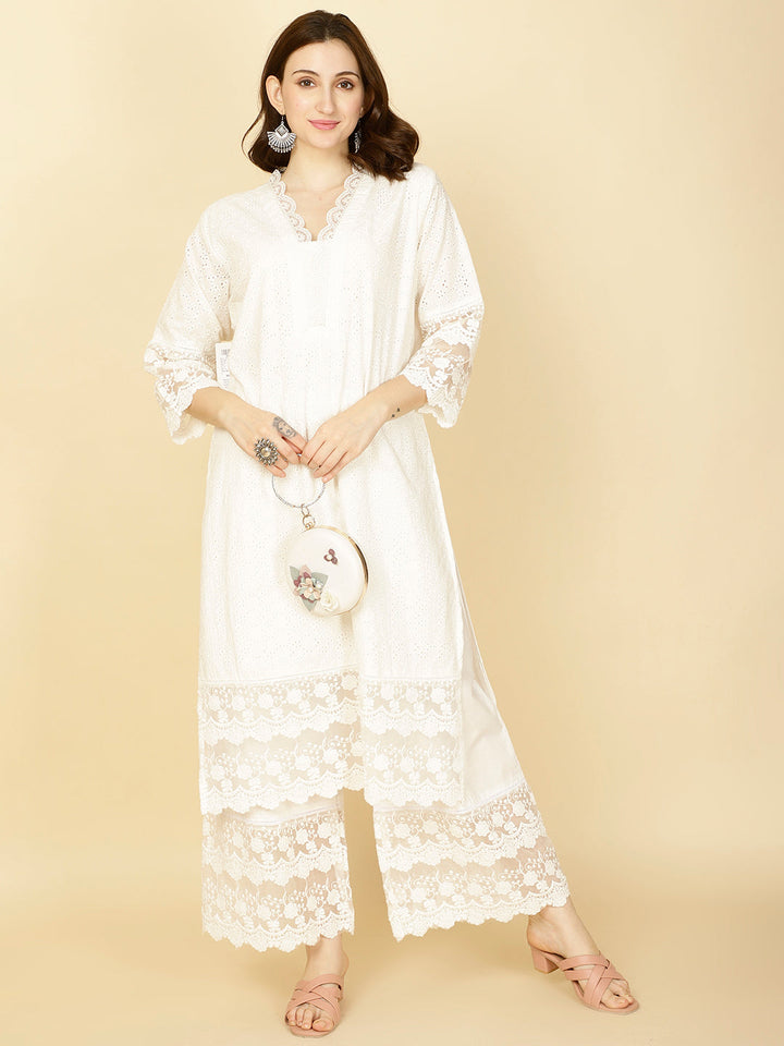 Thread Embroidery Cotton Kurta With Pants