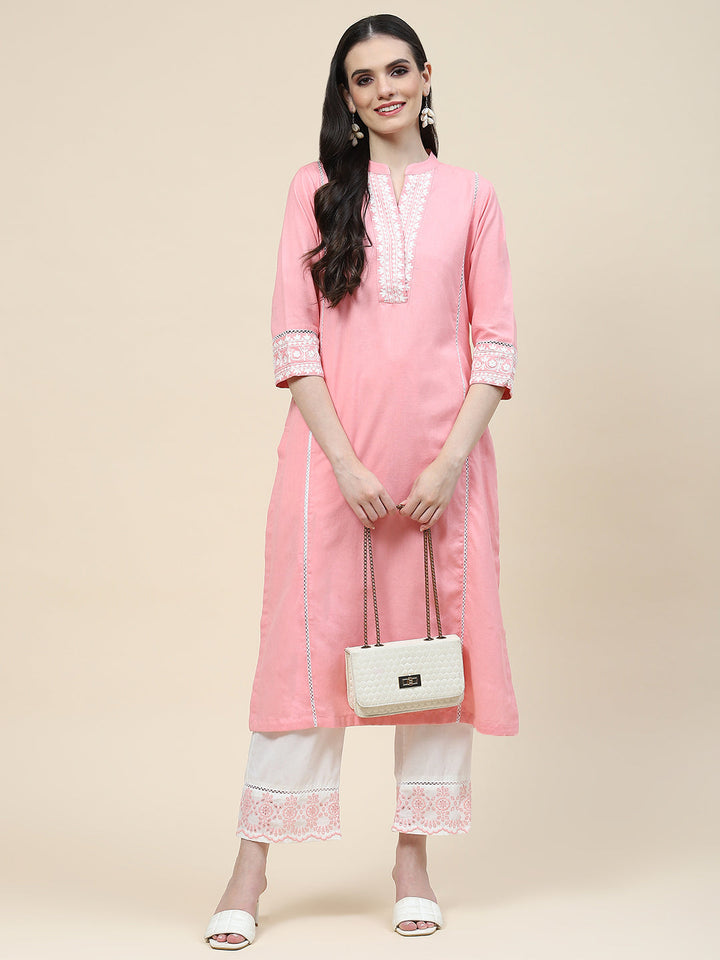 Embroidered Cotton Kurta With Pants