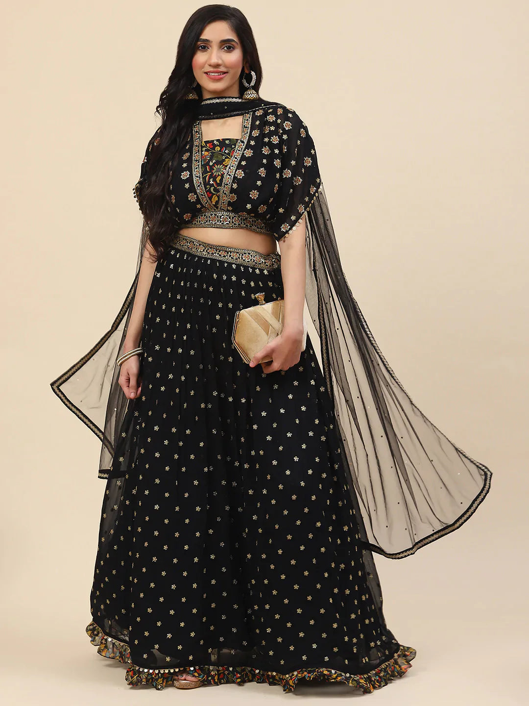 Sequin Embroidered Georgette Choli With Lehenga &amp; Dupatta