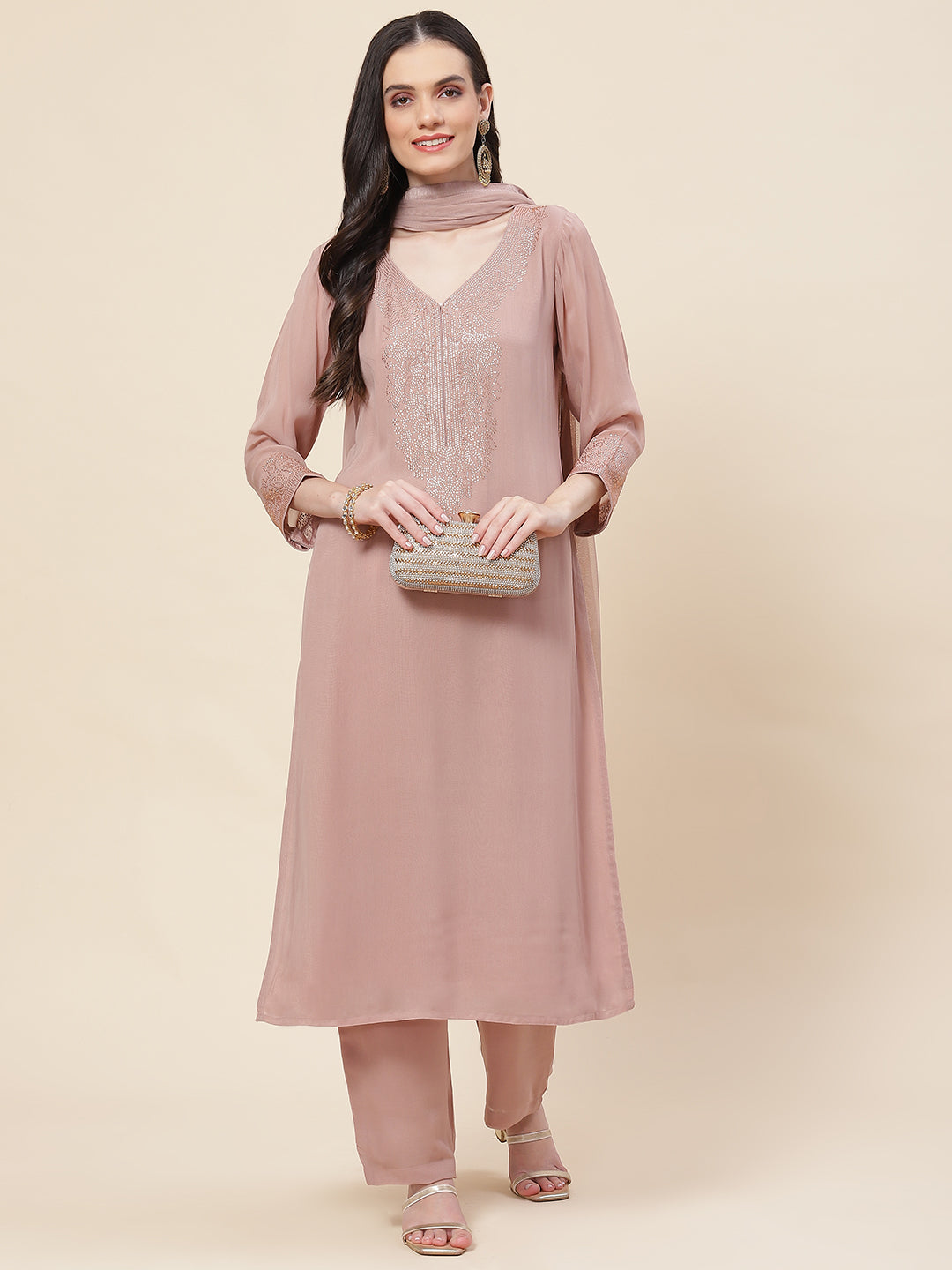 Neck Embellished Georgette Kurta With Palazzo &amp; Dupatta