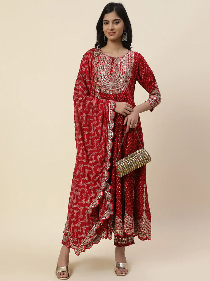 Neck Embroidered Cotton Kurta With Pants &amp; Dupatta