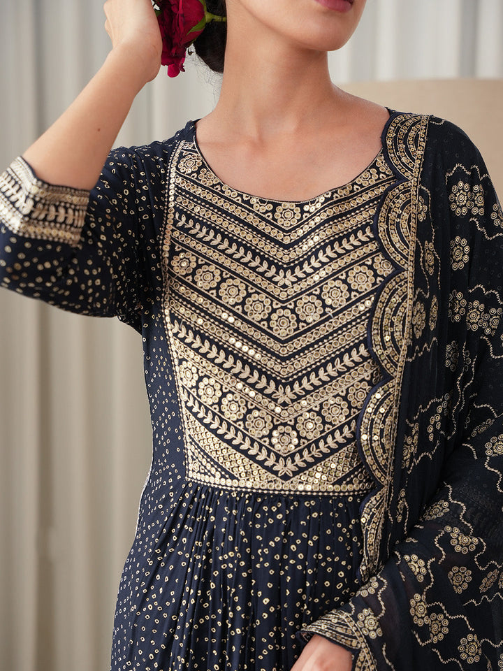 Bandhani Embroidered Rayon Kurta With Pants &amp; Dupatta