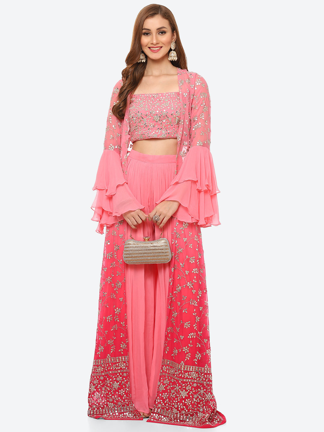 Zari Embroidered Booti Georgette Crop Top With Sharara &amp; Jacket
