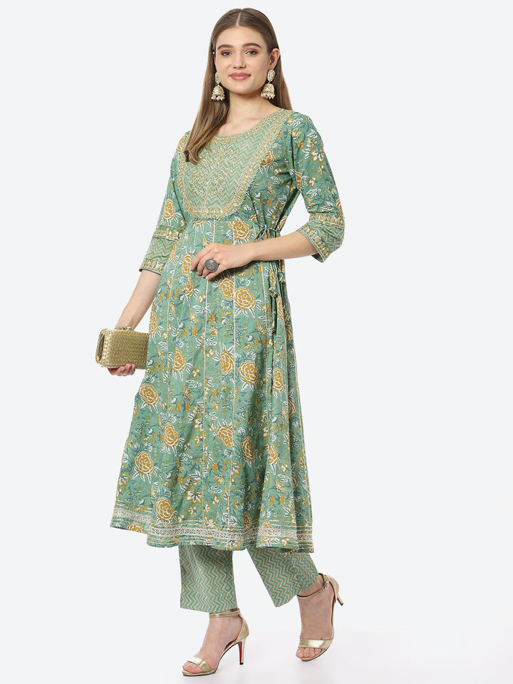 Zari Neck Embroidered Booti Printed Cotton Anarkali Kurta With Pant