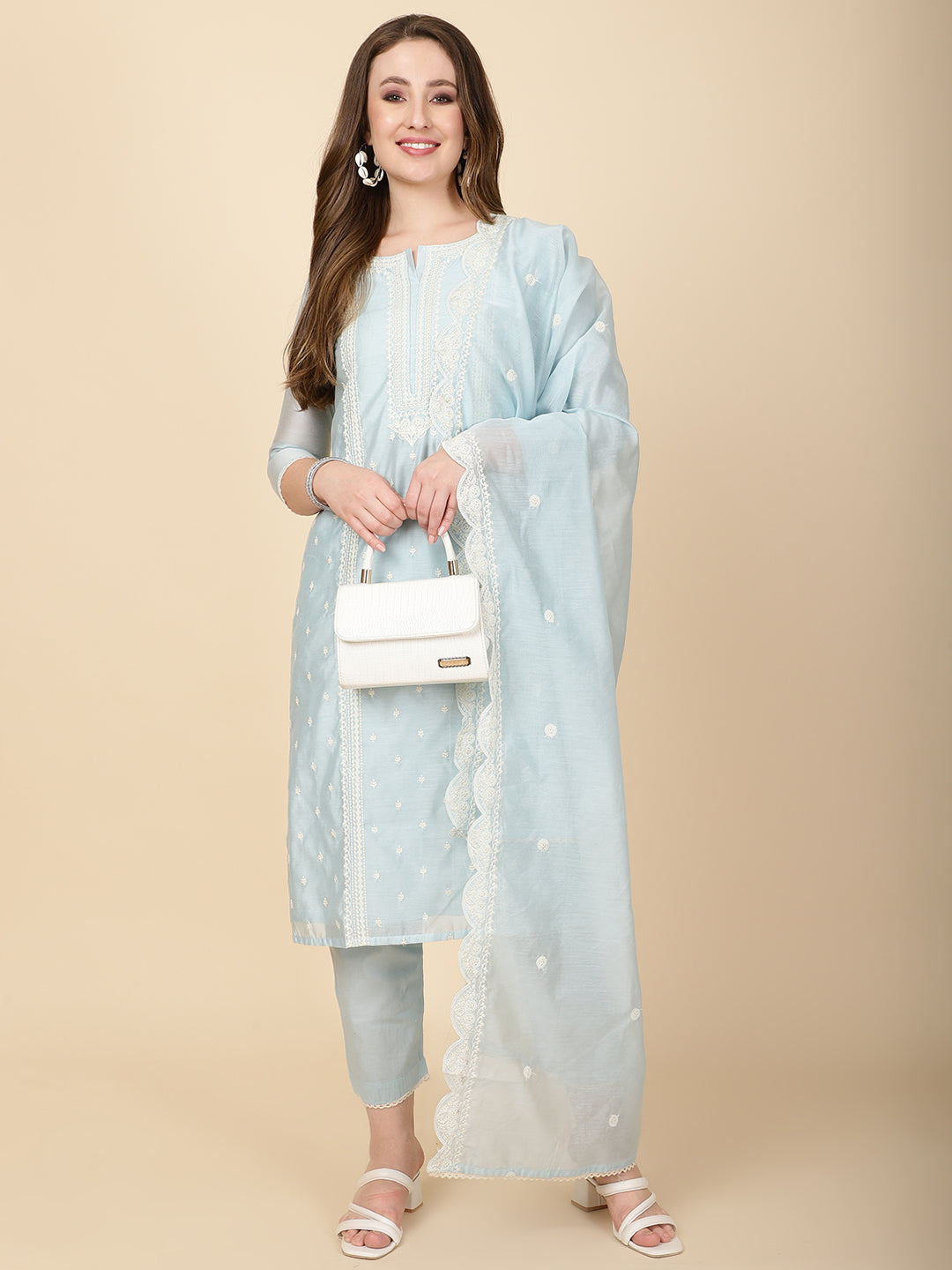 Booti Embroidery Chanderi Kurta With Pants &amp; Dupatta