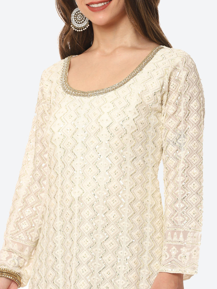 Resham Sequin Booti Georgette Kurta With Palazzo &amp; Net Dupatta