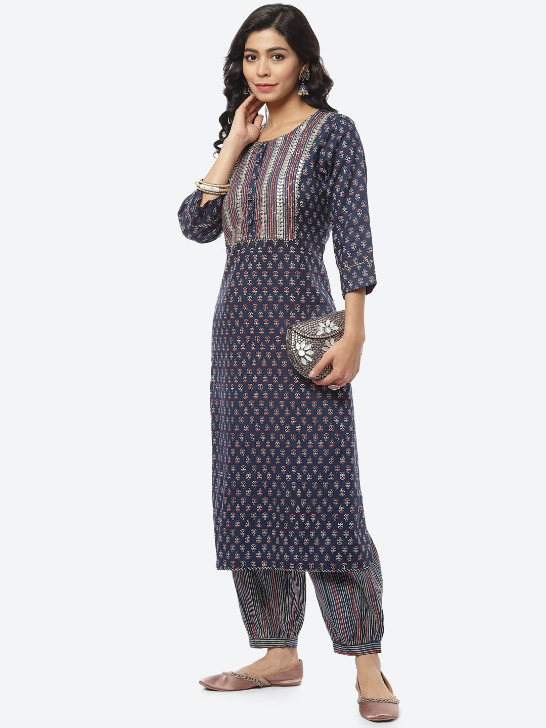Printed Gota Work Cotton Kurti With Pant
