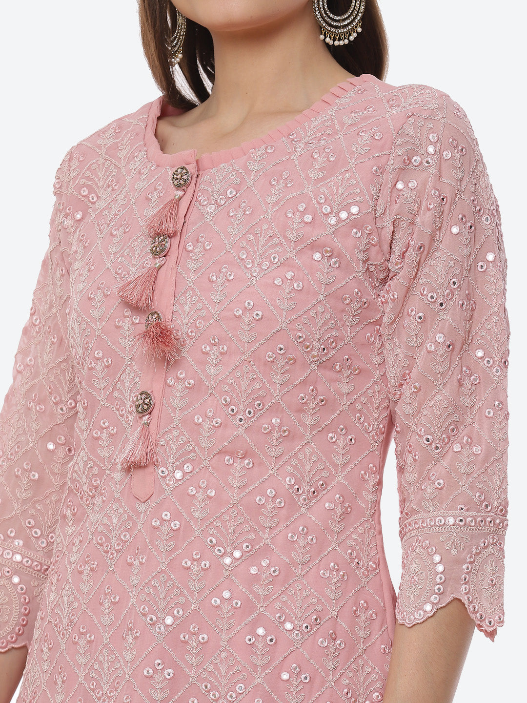 Resham Jaal Georgette Kurta With Garara &amp; Chiffon Dupatta