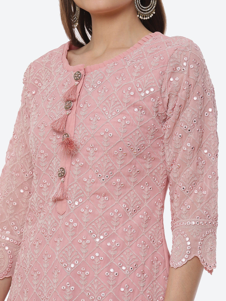 Resham Jaal Georgette Kurta With Garara &amp; Chiffon Dupatta