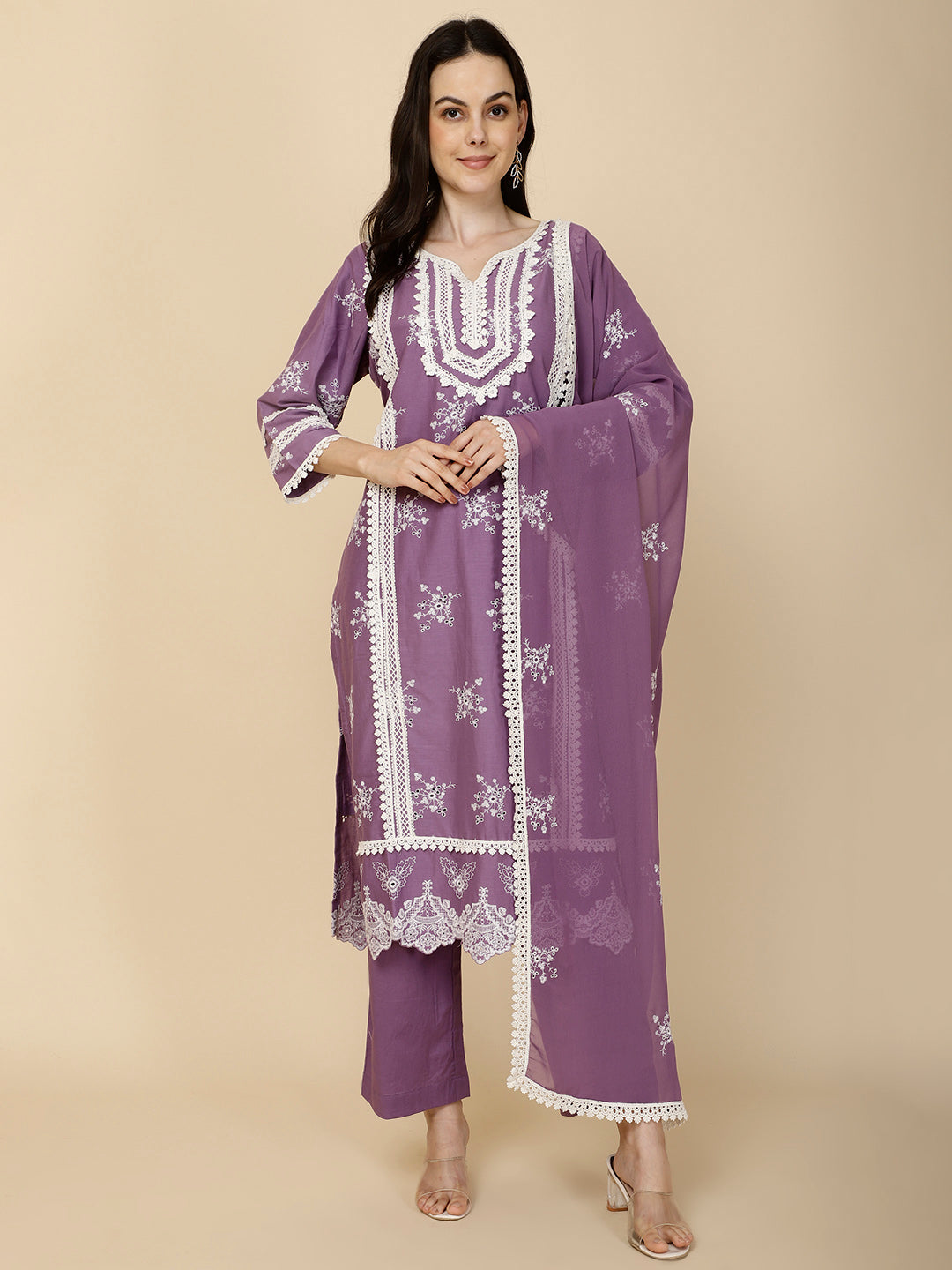 Embroidered Cotton Suit Set With Dupatta