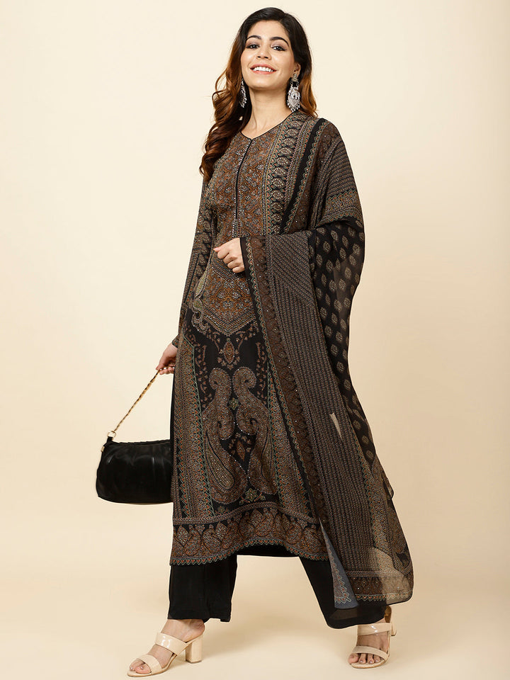 Digital Printed Crepe Kurta With Palazzo &amp; Dupatta