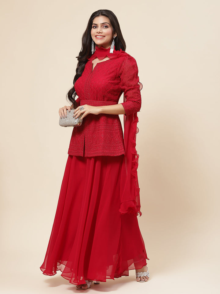 Resham Embroidered Georgette Kurti With Palazzo &amp; Dupatta
