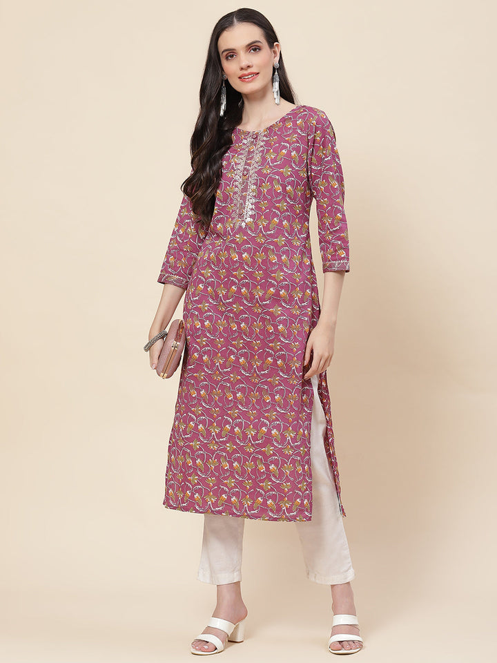 Printed &amp; Neck Embroidered Cotton Kurta