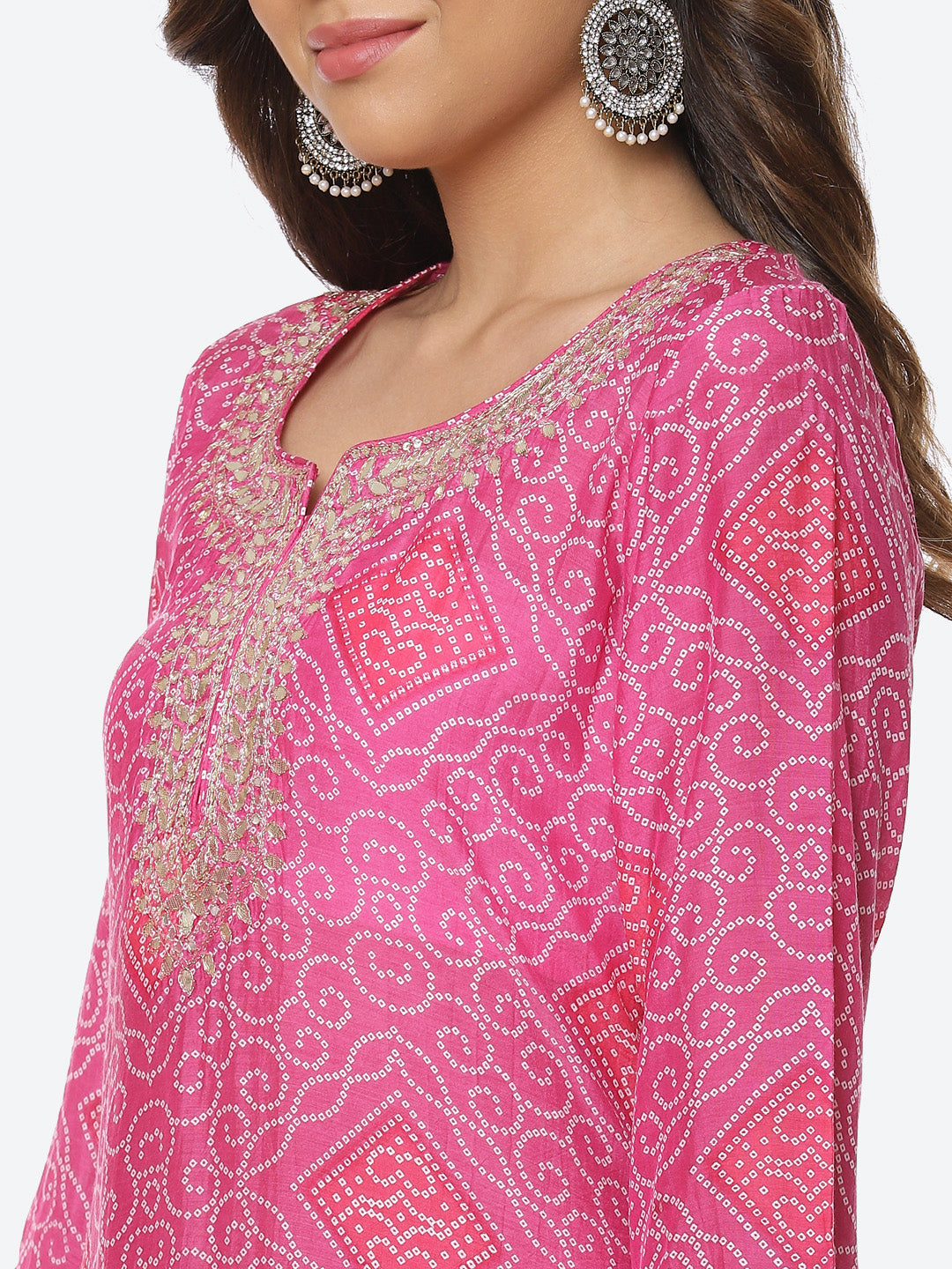 Printed Gota Neck Cotton Kurta With Pant &amp; Dupatta