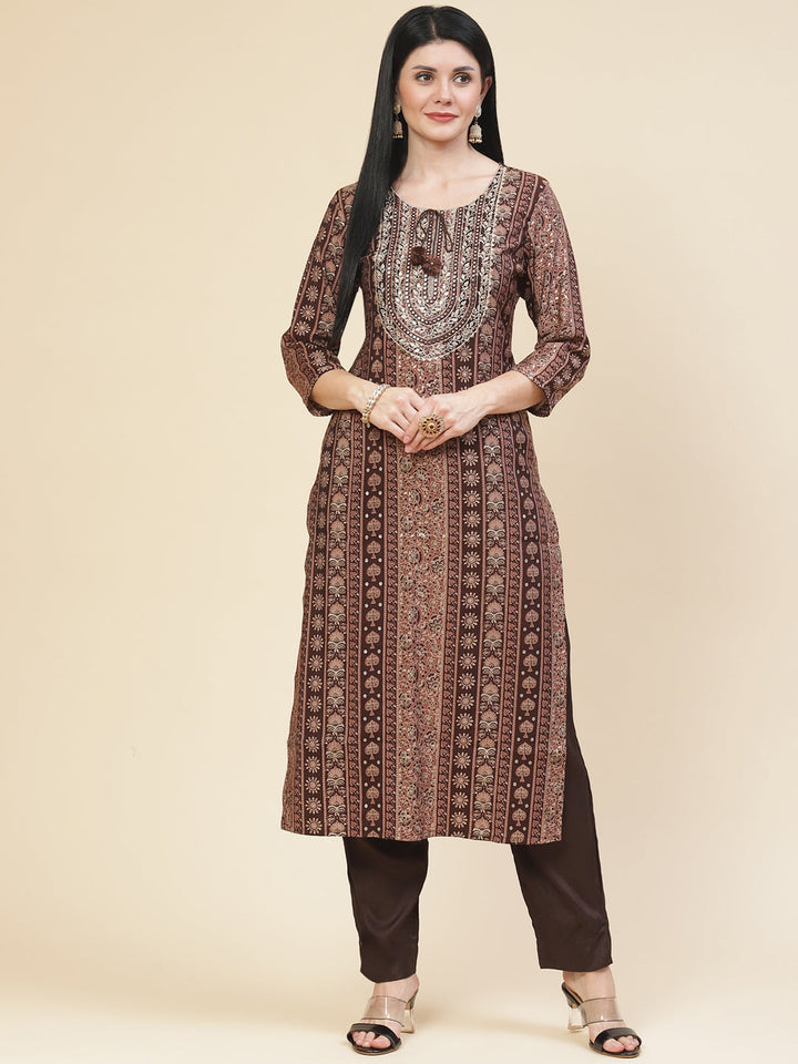 Neck Embroidered &amp; Printed Muslin Kurta With Pants