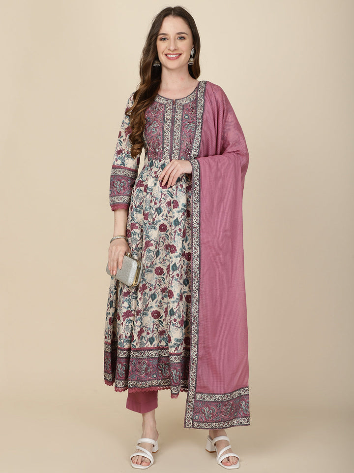 Floral Printed Cotton Kurta With Pants &amp; Dupatta