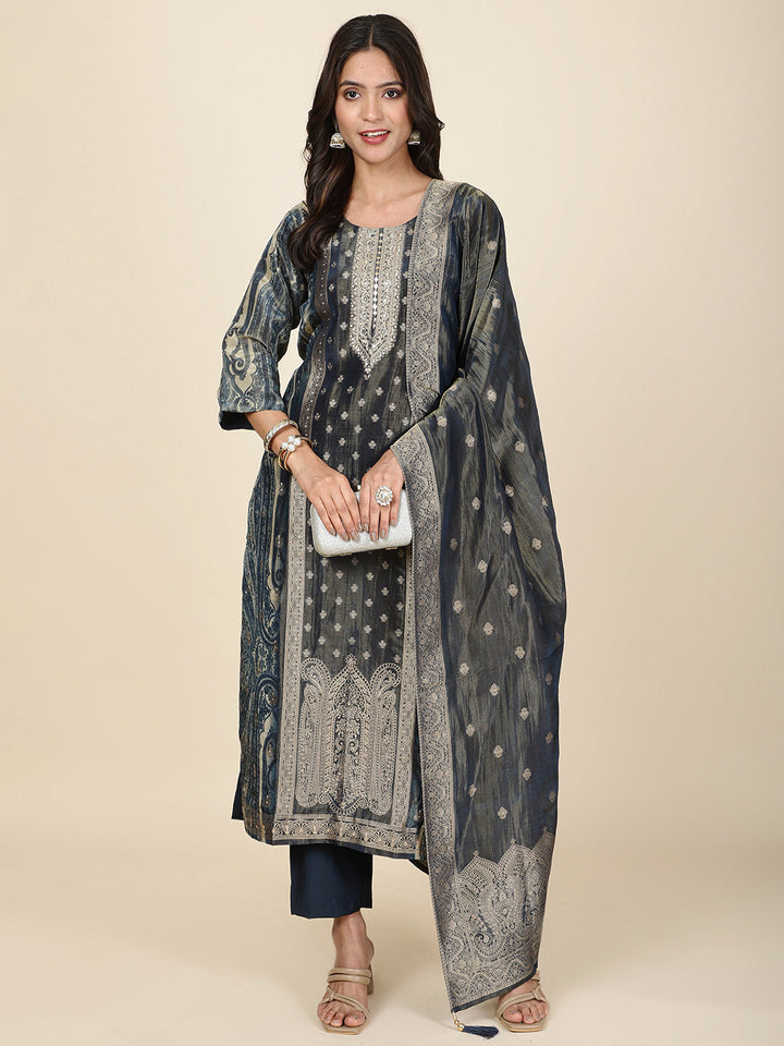 Neck Embroidery Tissue Kurta With Pants &amp; Dupatta
