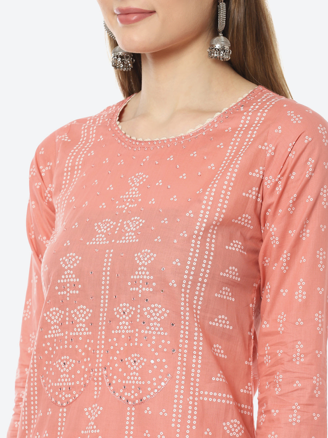 Bandhani Mirror Work Cotton Kurta With Pant &amp; Cotton Dupatta