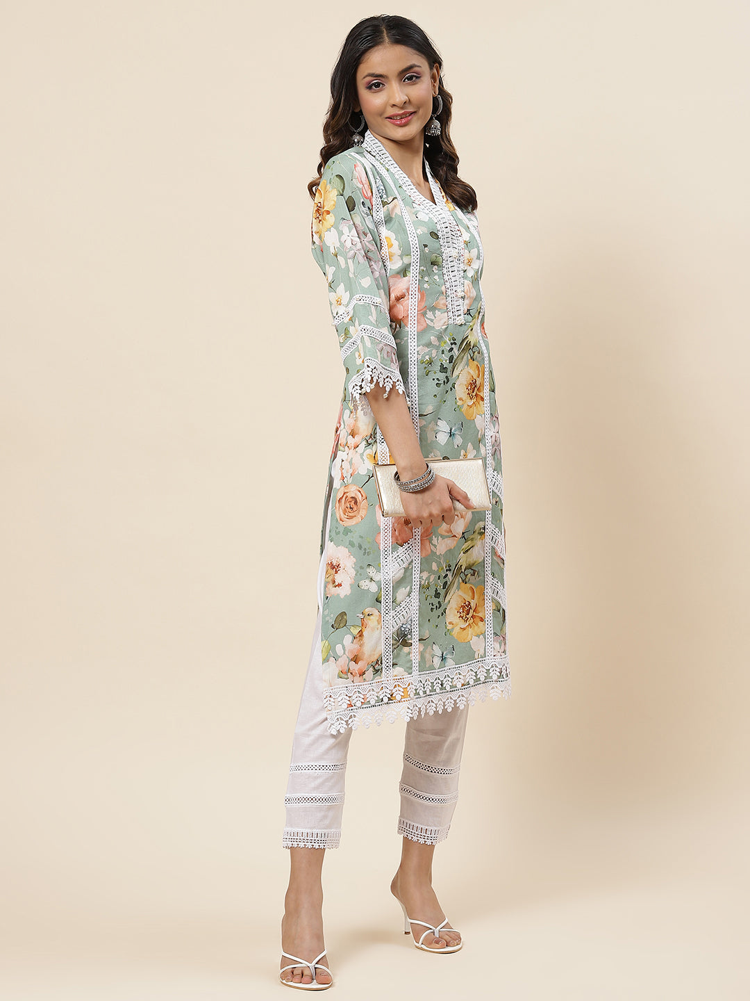 Floral Printed Cotton Kurta With Pants