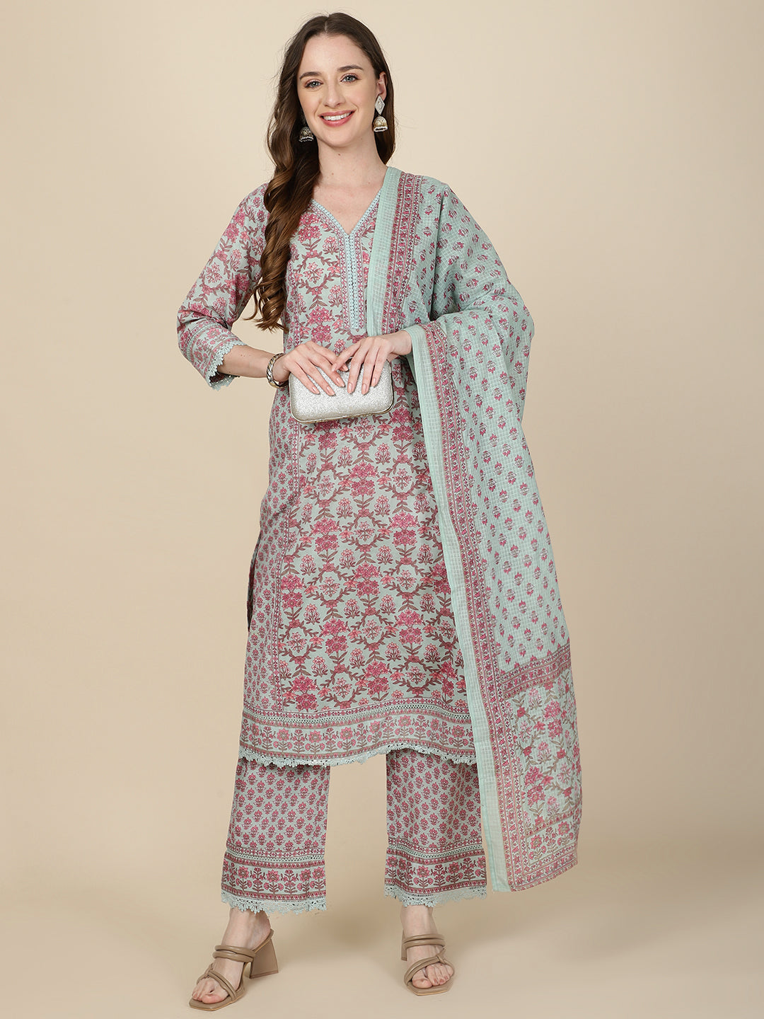 Floral Printed Cotton Kurta With Pants &amp; Dupatta