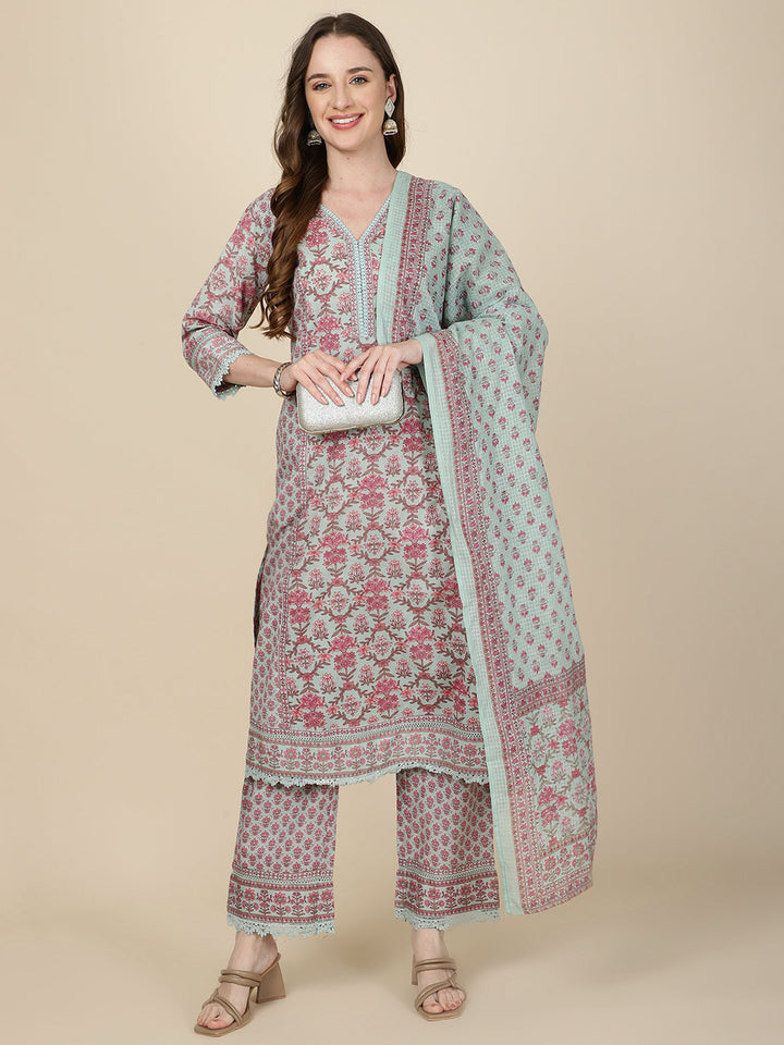 Floral Printed Cotton Kurta With Pants &amp; Dupatta