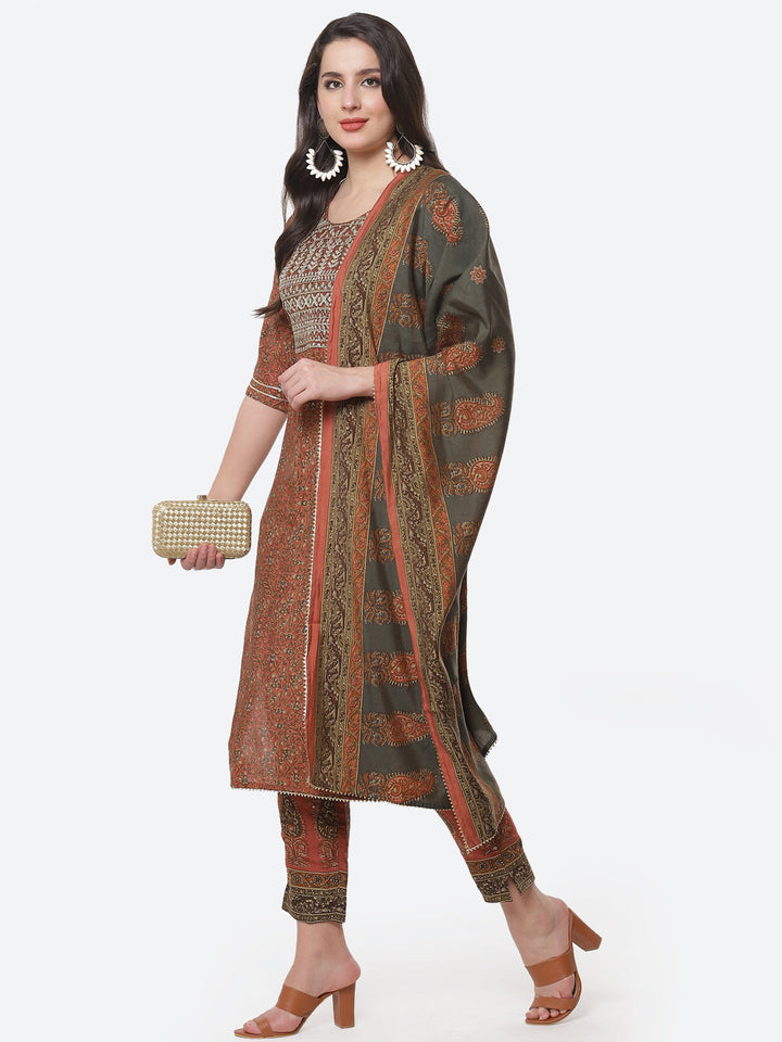 Cotton Muslin Printed Straight Kurti with Pant and Dupatta