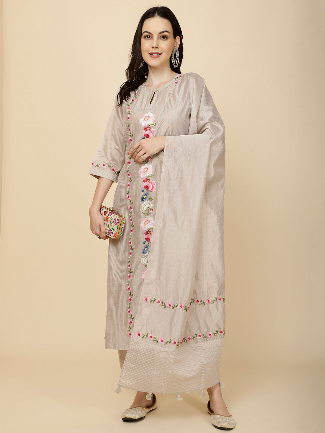 Resham &amp; Panel Embroidery Cotton Suit Set With Dupatta
