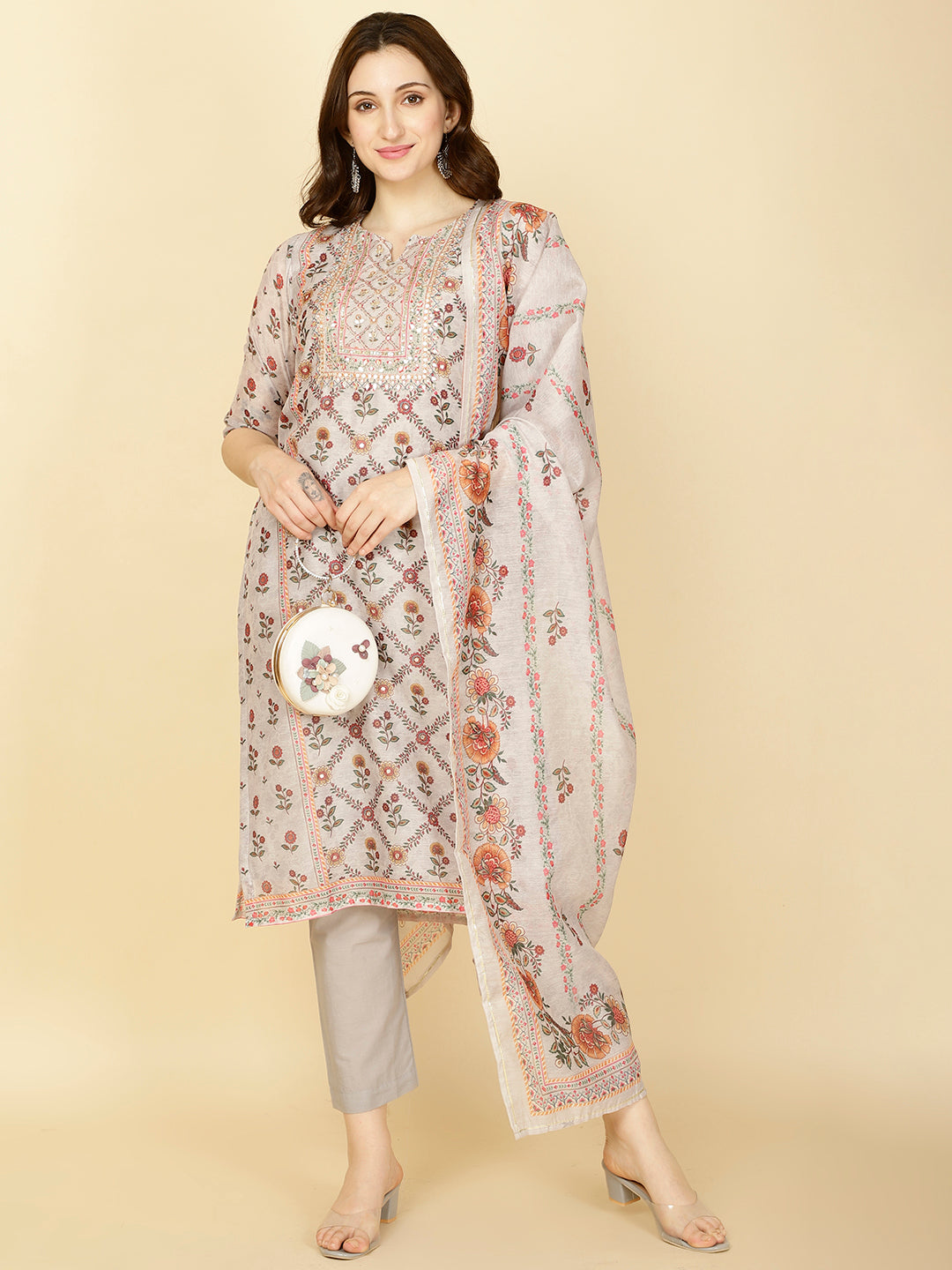 Floral Printed Chanderi Kurta With Pants &amp; Dupatta
