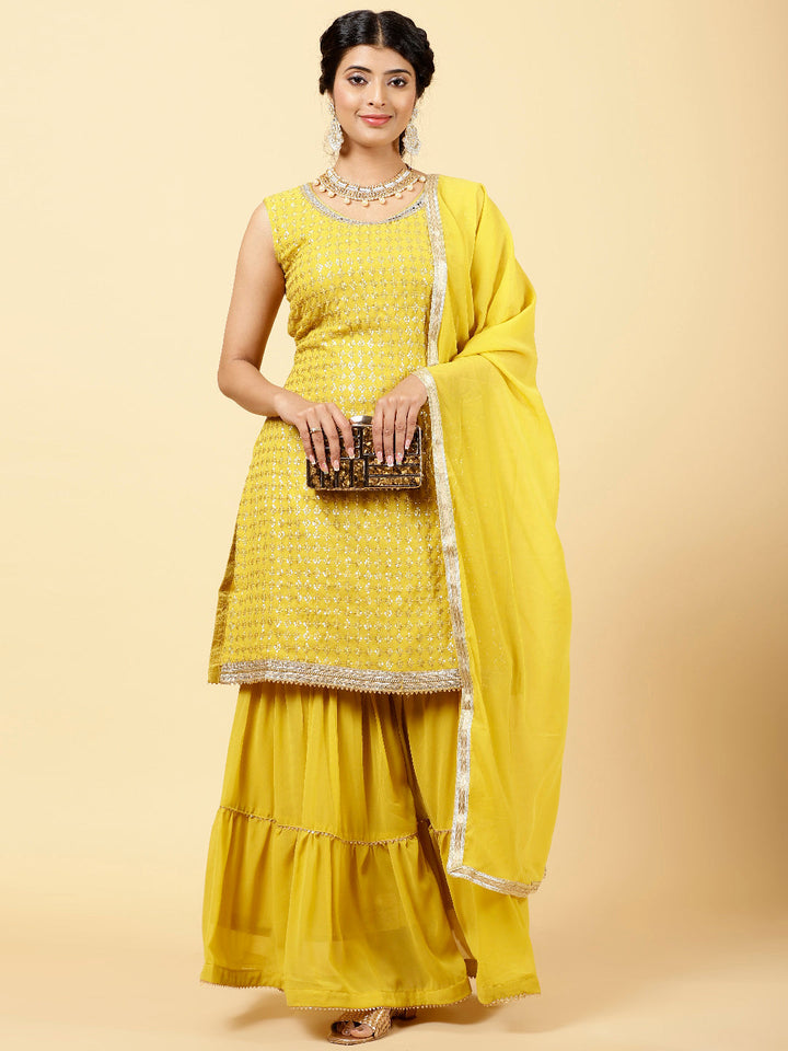 Sequin Embroidered Georgette Kurta With Garara &amp; Dupatta