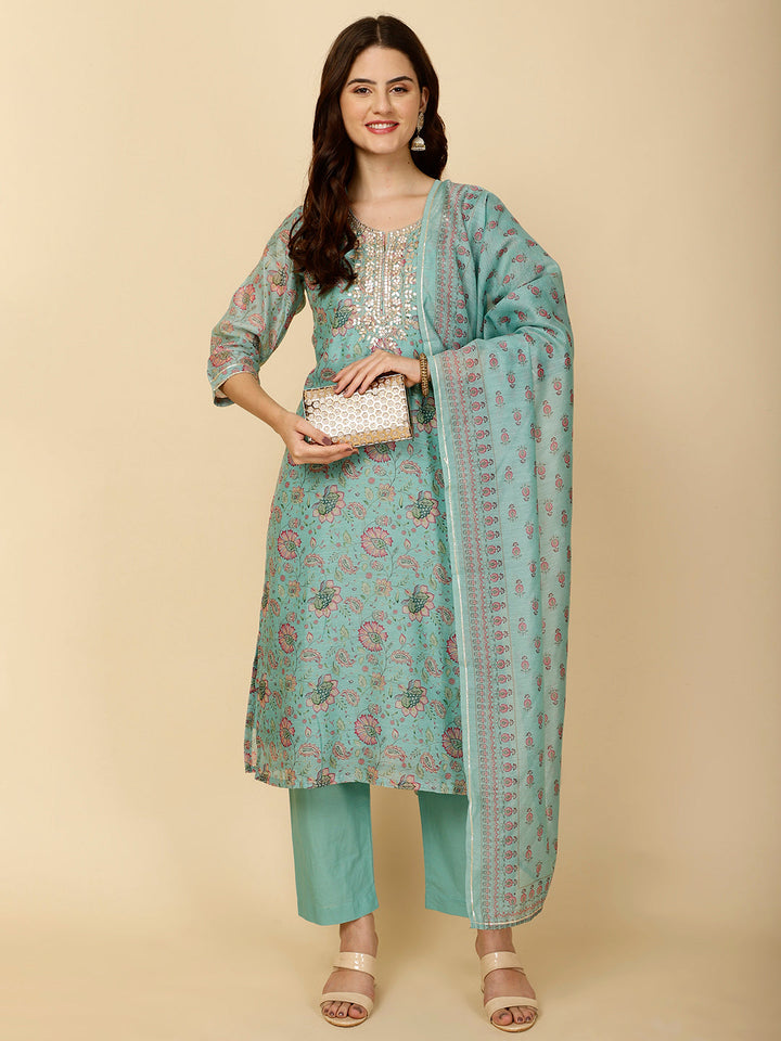 Floral Printed Chanderi Kurta With Pants &amp; Dupatta