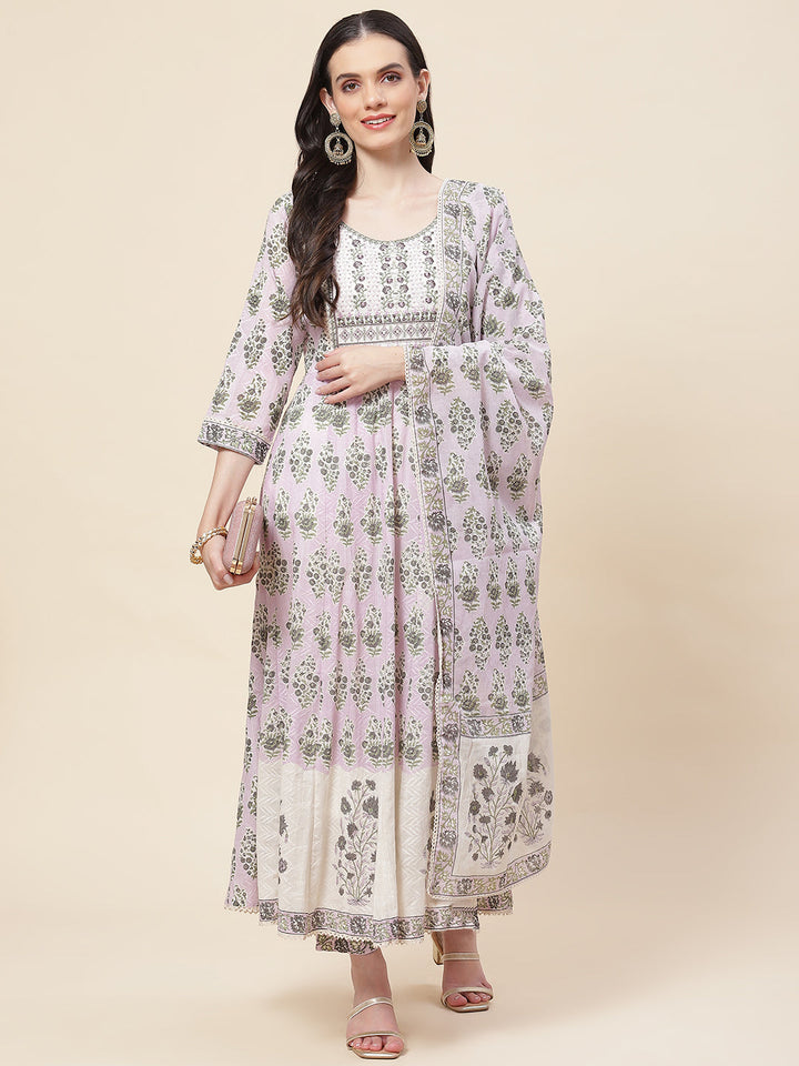 Floral Printed Cotton Kurta With Pants &amp; Dupatta