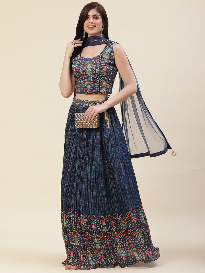 Floral Printed Crepe Choli With Lehenga &amp; Dupatta