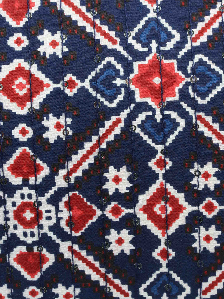 Navy Blue &amp; Maroon Printed Cotton Handbag With Pouch