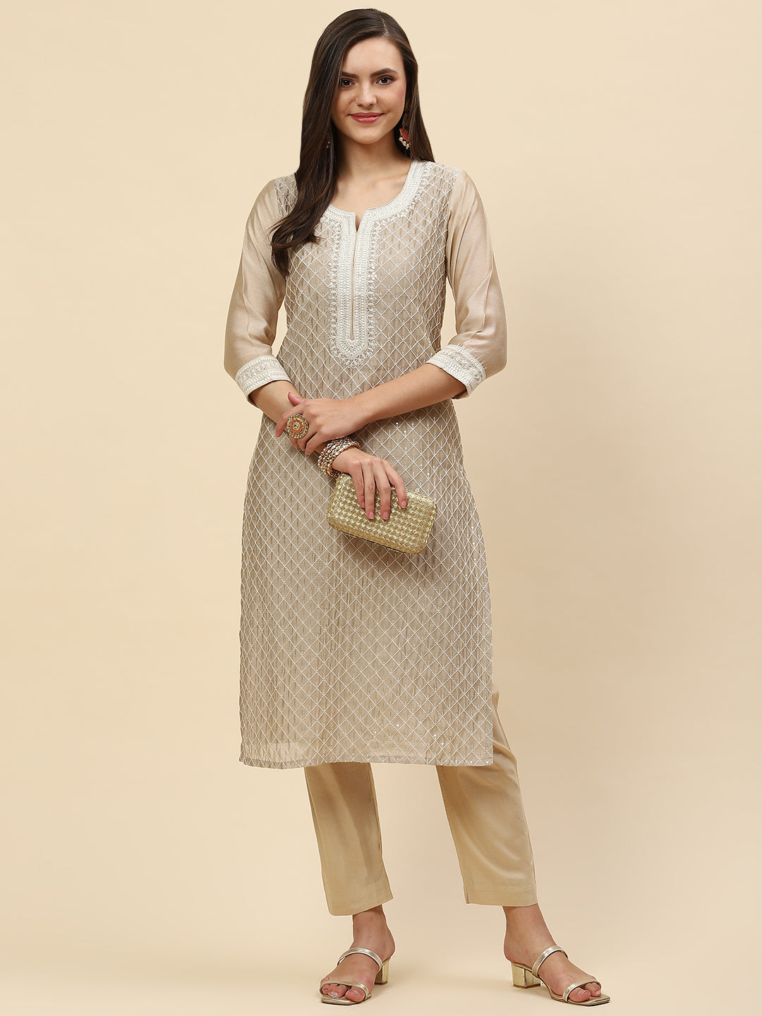 Sequin Embroidered Chanderi Kurta With Pants