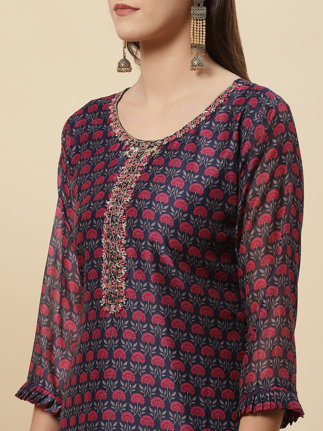Floral Printed Chanderi Kurta With Pants &amp; Dupatta