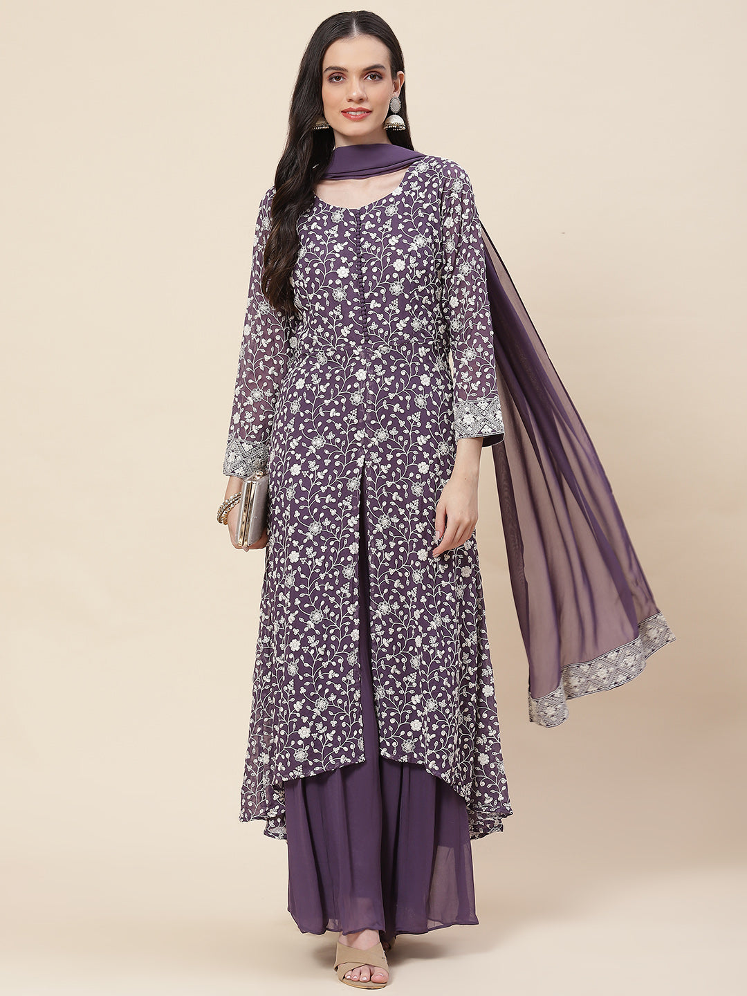 Embroidered Georgette Kurta With Palazzo &amp; Dupatta