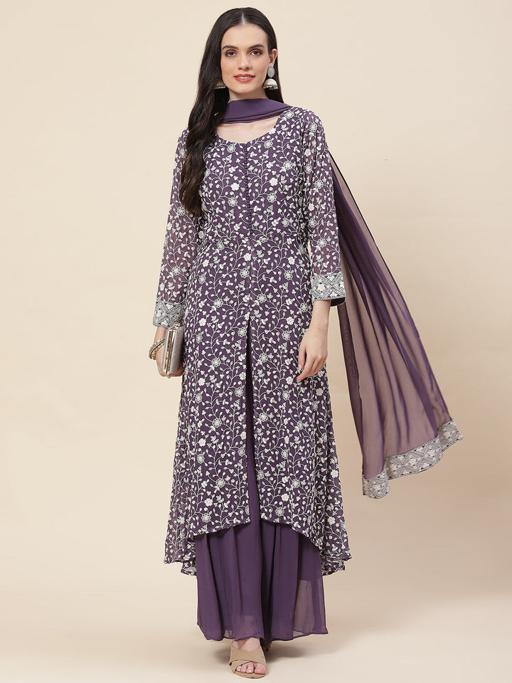 Embroidered Georgette Kurta With Palazzo &amp; Dupatta