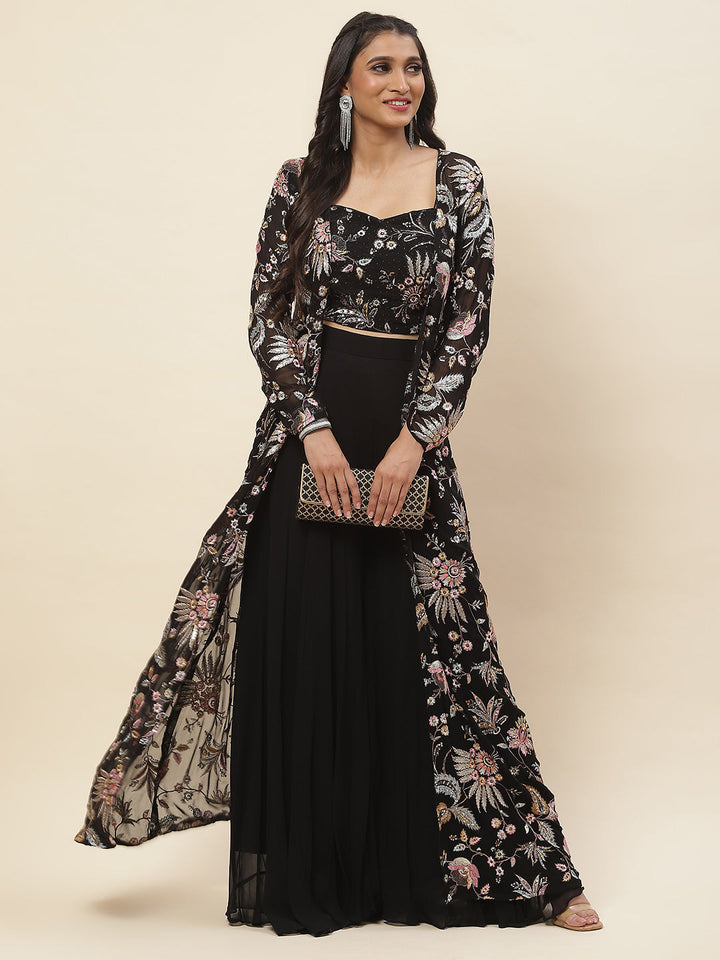 Sequence Embroidered Georgette Crop Top With Palazzo &amp; Jacket