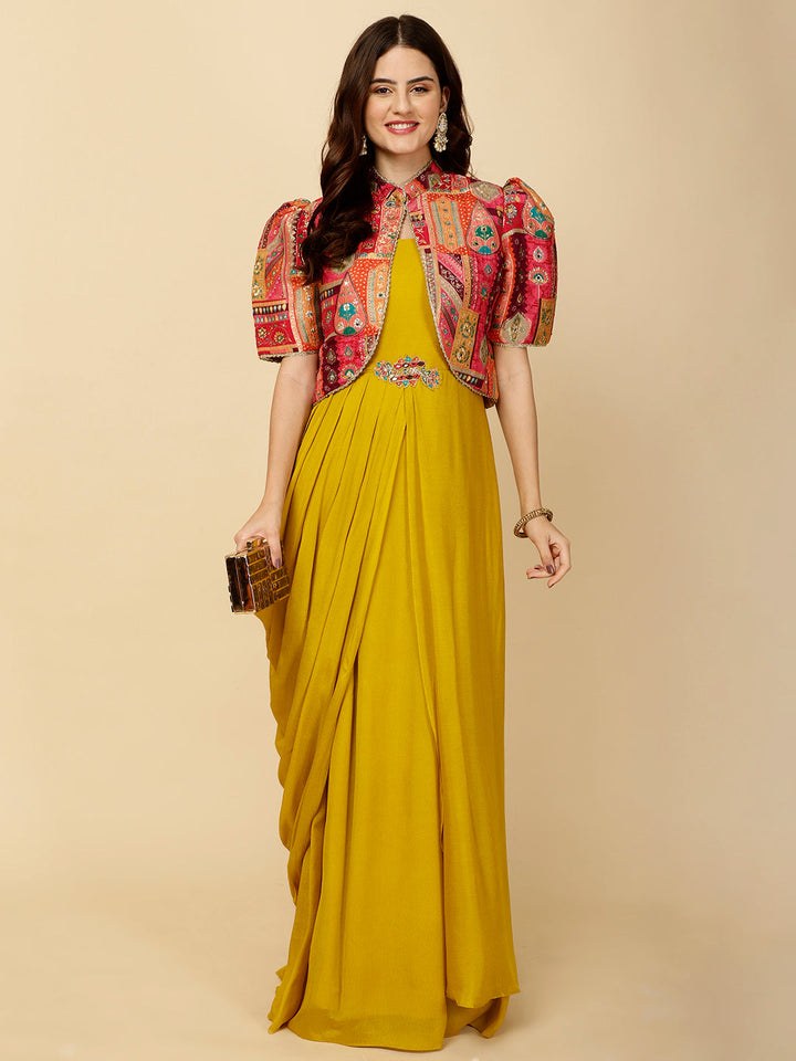Plain Crepe Gown Dress With Jacket