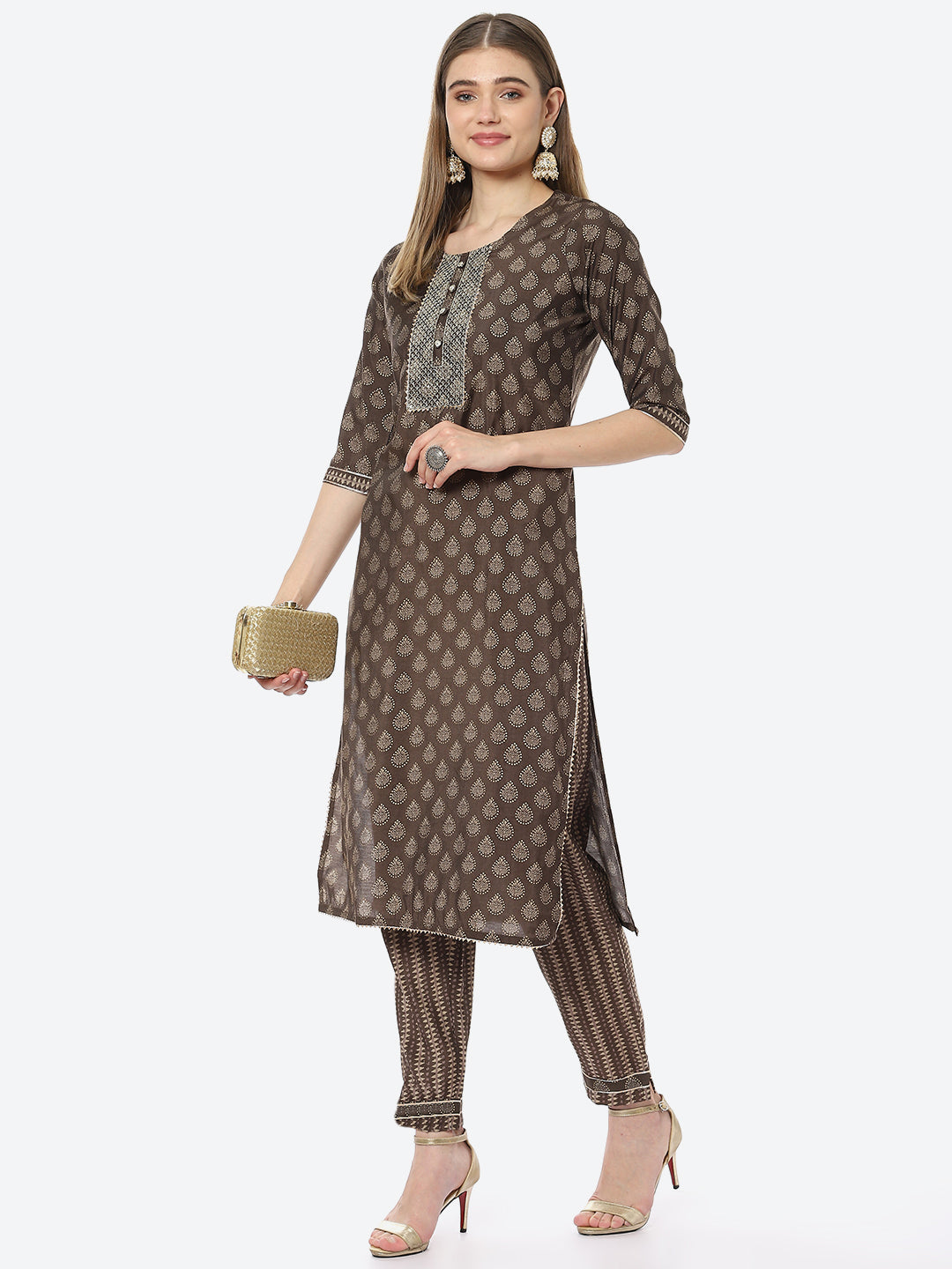 Zari Neck Embroidered Printed Cotton Kurta With Pant