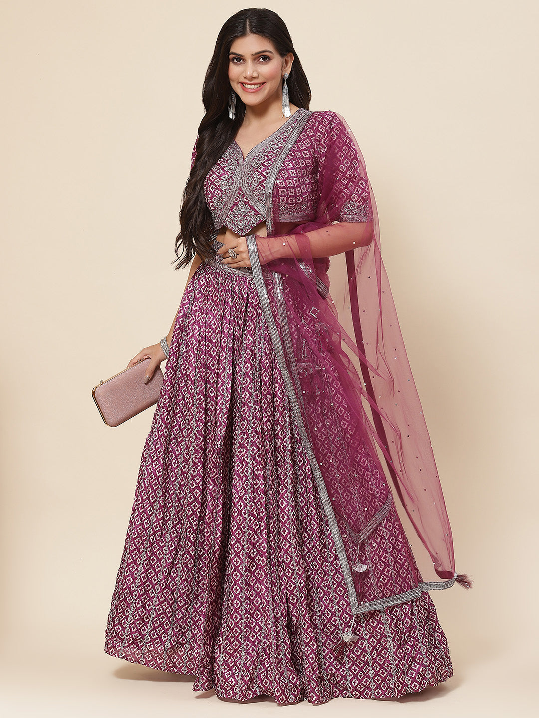Printed Sequin Embroidered Crepe Choli With Lehenga &amp; Net Dupatta