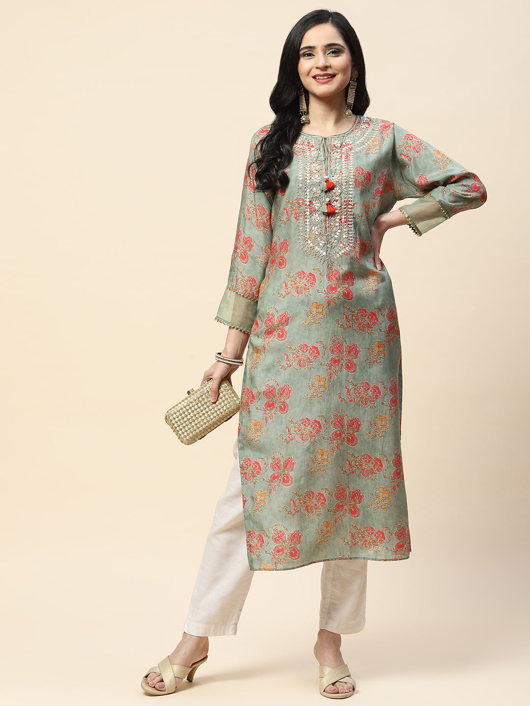Printed With Yoke Embroidered Muslin Kurta