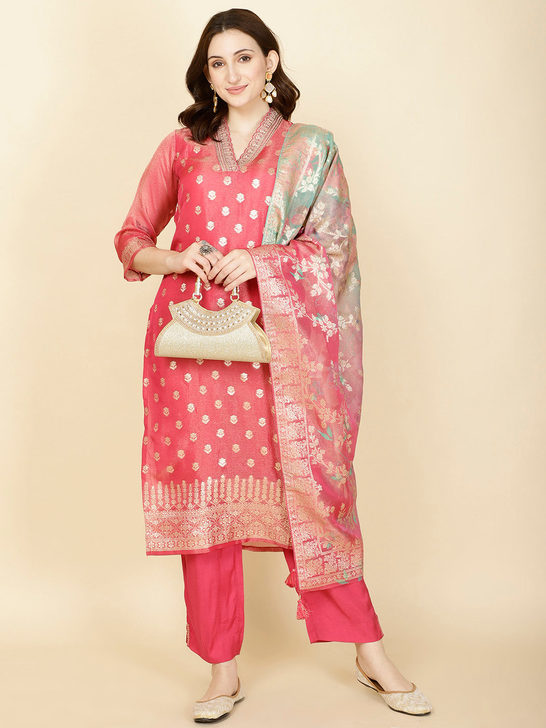 Floral Woven Tissue Kurta With Pants &amp; Dupatta