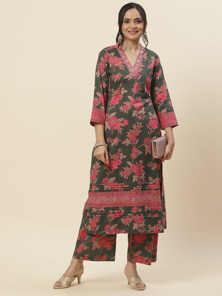 Floral Printed Cotton Kurta With Pants