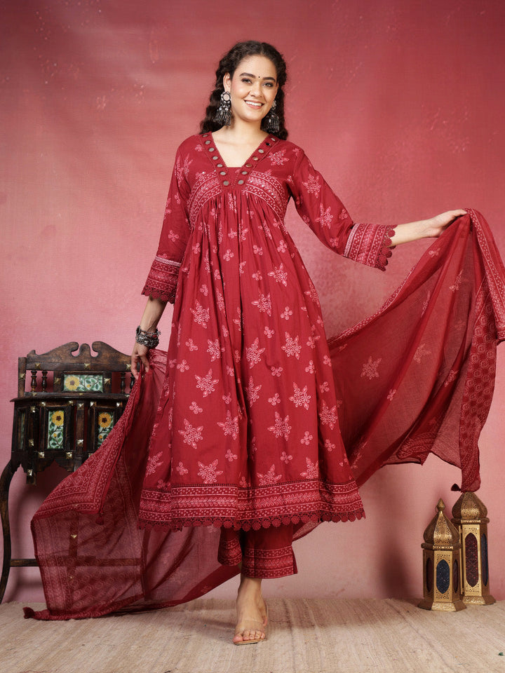 Maroon Printed Cotton Blend Anarkali Suit Set With Dupatta